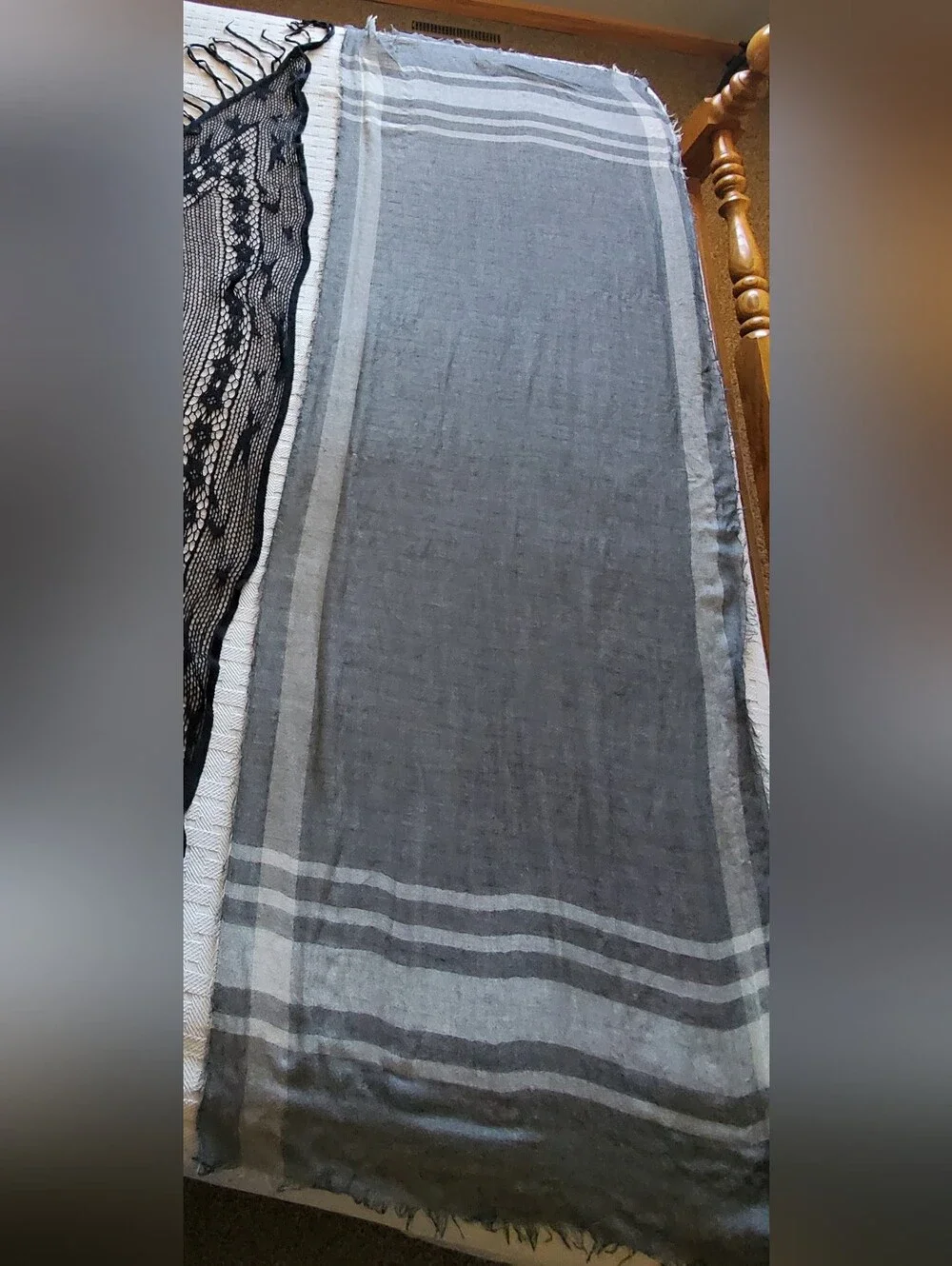 3pc Scarf Set Black Crochet Triangle - Striped Linen Rectangle - Fringe Cowl